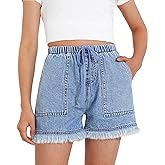 BOOPH Little Girls Jean Shorts Denim Elastic Waist Drawstring Shorty Shorts for Teen Girls