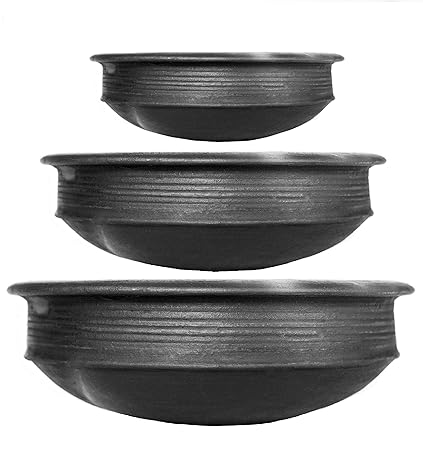 Craftsman India online Pottery Earthen Kadai/Clay Pots Combo for Cooking Pre-Seasoned (Black, 1,