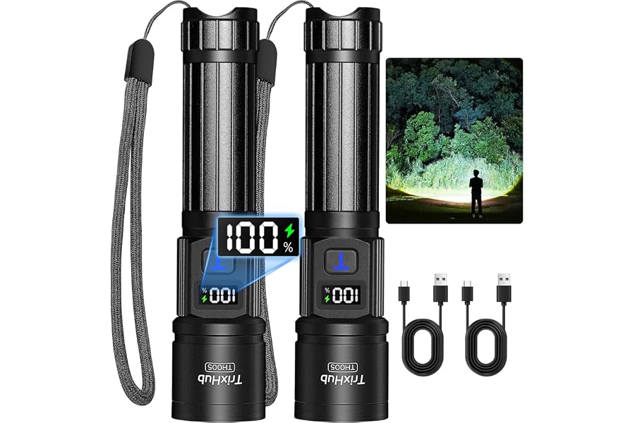 TrixHub Rechargeable Flashlights 2 Pack, Super Bright High Lumens Flash Light, 5 Modes Zoomable Linternas with LCD Digital Display, Powerful Handheld LED Flashlights for Home Emergencies Camping