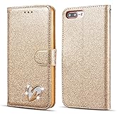 QLTYPRI for iPhone 7 Plus iPhone 8 Plus Case Wallet Case Bling Shiny Glitter Flip Folio Case Full-Body Protective Cover Card Slots Magnetic Closure Kickstand Wrist Strap for Women Girls - Gold Heart