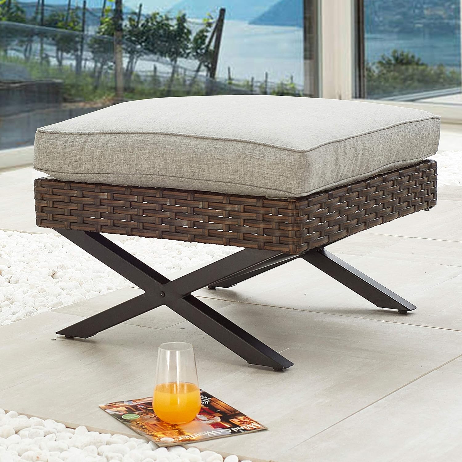 Amazon Com Patiofestival Wicker Patio Ottoman Outdoor Footstools Rattan Furniture X Leg All Weather Footrest Seat With Cushion Brown Garden Outdoor