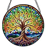 Stained Glass Tree of Life FIVITY 7.8'' Suncatcher Indoor Outdoor Stained Glass Ornament Suncatchers for Windows Hanging Wall Door Home Decor Wedding Christmas Gifts for Women Men Mom Nana Family