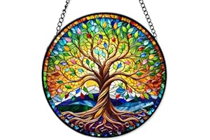 Stained Glass Tree of Life FIVITY 7.8'' Suncatcher Indoor Outdoor Stained Glass Ornament Suncatchers for Windows Hanging Wall Door Home Decor Wedding Christmas Gifts for Women Men Mom Nana Family