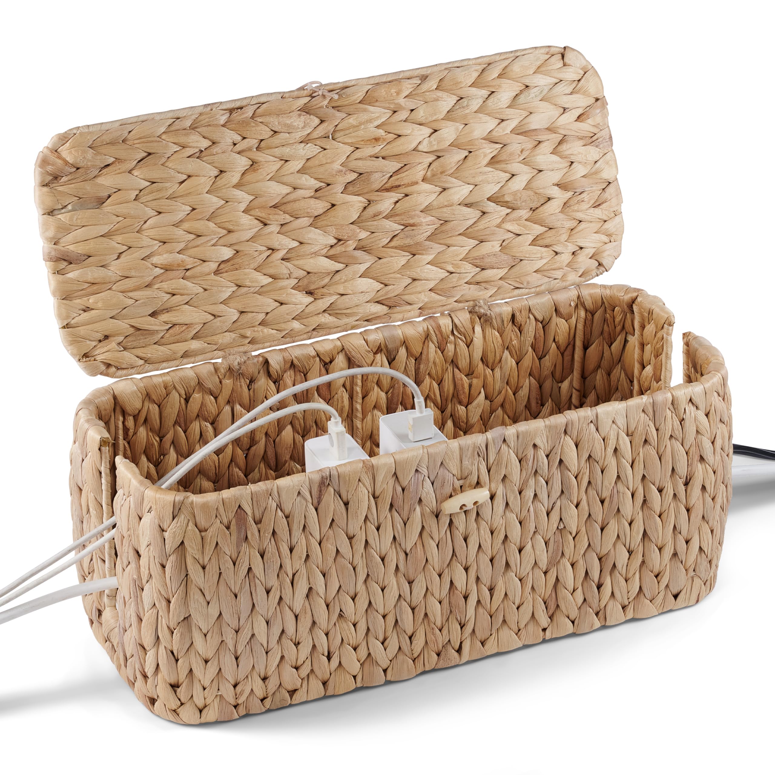 BLUEWEST Cable Management Box, Water Hyacinth Organizer Box, Durable Rattan Cable Organizer with Dual Open Slots for Desk, TV, or Office Cords, Stores Power Strips, USB Hubs, and Wires