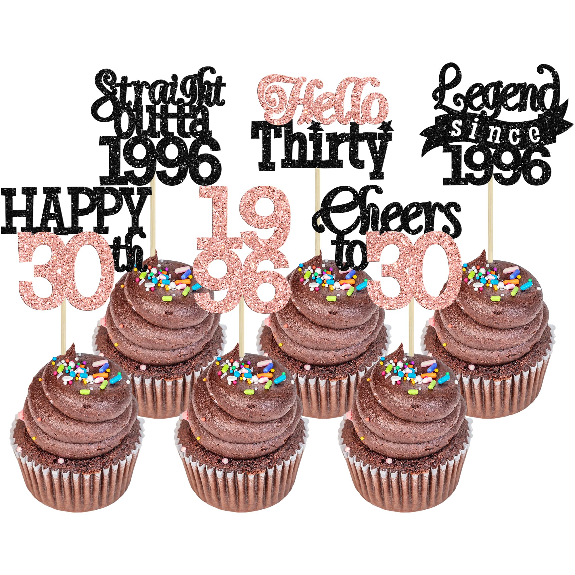 Gyufise 24Pcs Happy 30th Birthday Cupcake Toppers Hello Thirty Legend Since 1996 Cupcake Picks Cheers to 30 Years Cake Decorations for 30th Birthday Anniversary Party Supplies Black Rose Gold