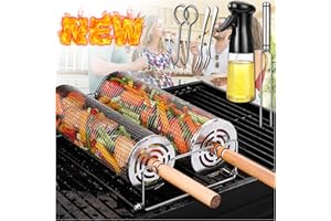 AUCMA Rolling Grilling Baskets for Outdoor Grill Bbq Stainless Steel Holder Barbecue Cylinder Cage Cooking Accessories for Veggies Vegetable Camping, Birthday Gift for Men Dad Husband Him Fathers Day Papa