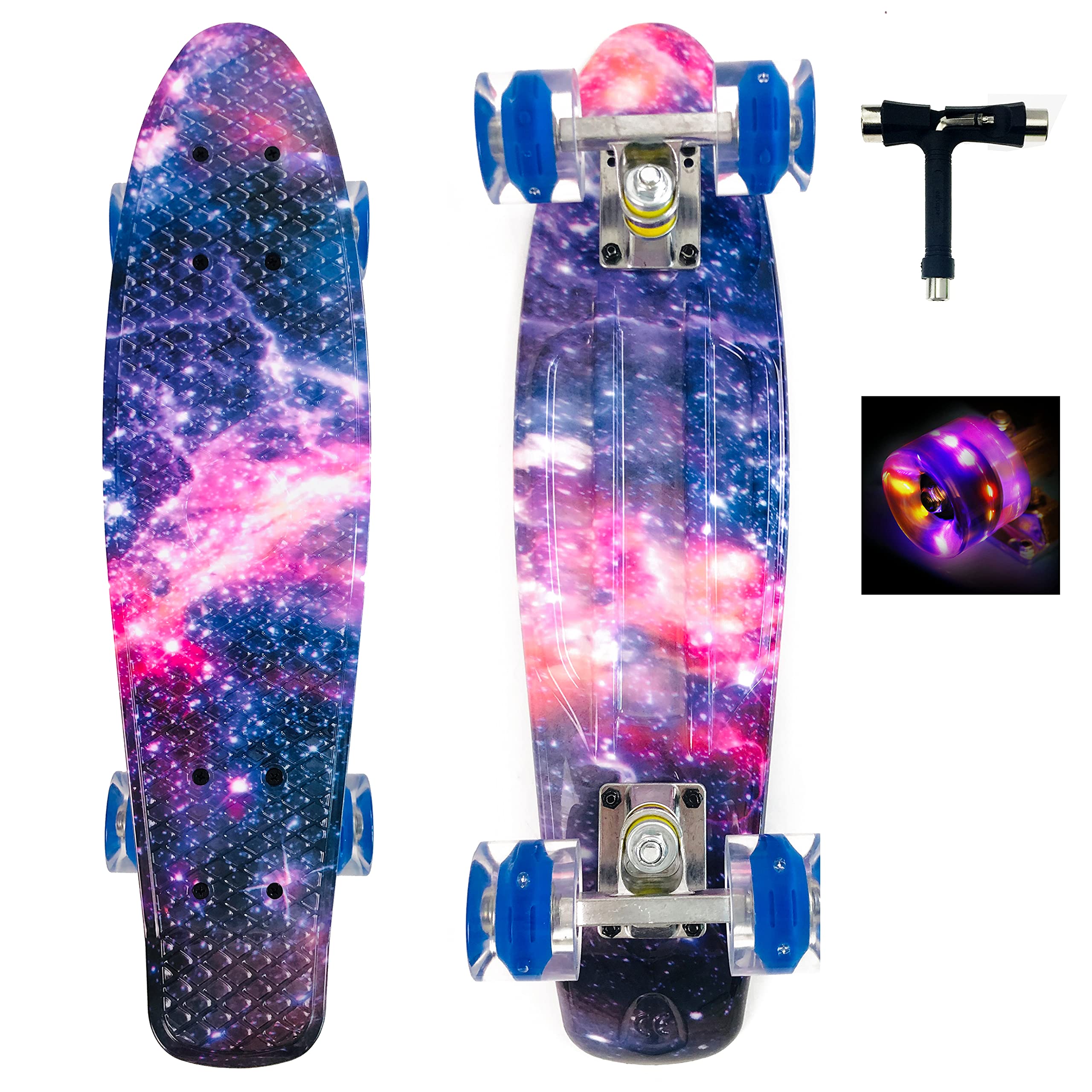 Sumeber Mini 22 inch Cruiser Skateboard with Light Up Wheels - Complete Skateboard for Kids, Teens, Adults - All-in-One Skate T-Tool (Galaxy)