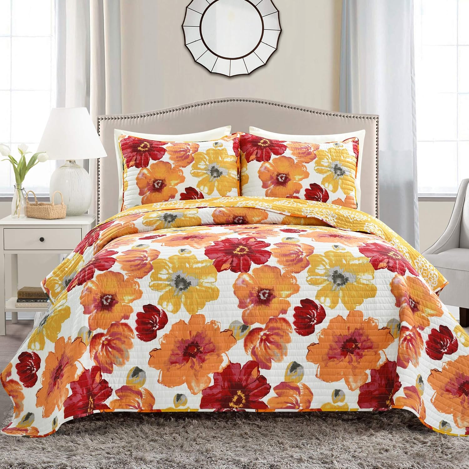 Lush Decor 16T005051 Leah Quilt Floral 3 Piece Reversible, King, Red & Orange