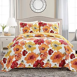 Lush Decor 16T005051 Leah Quilt Floral 3 Piece Reversible, King, Red & Orange