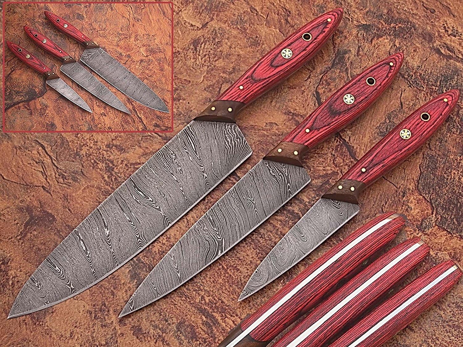 1046Red Custom Made Damascus Steel Kitchen Chef Knife Set 3 Pcs Wood Handle by GladiatorsGuild (Red Wood)
