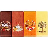 Quera 4 Pack Hello Fall Hand Towels Give Thanks Thanksgiving Embroidered Premium Luxury Decor Bathroom Decorative Dish Set for Drying Cleaning, Cooking 13.7 "x 29.5"