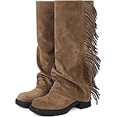 EQAUDES Women's Knee High Boots Fold over Shark Boots Fringe Suede Cowboy Boots for Women Square Toe Low Heel Boots for Women