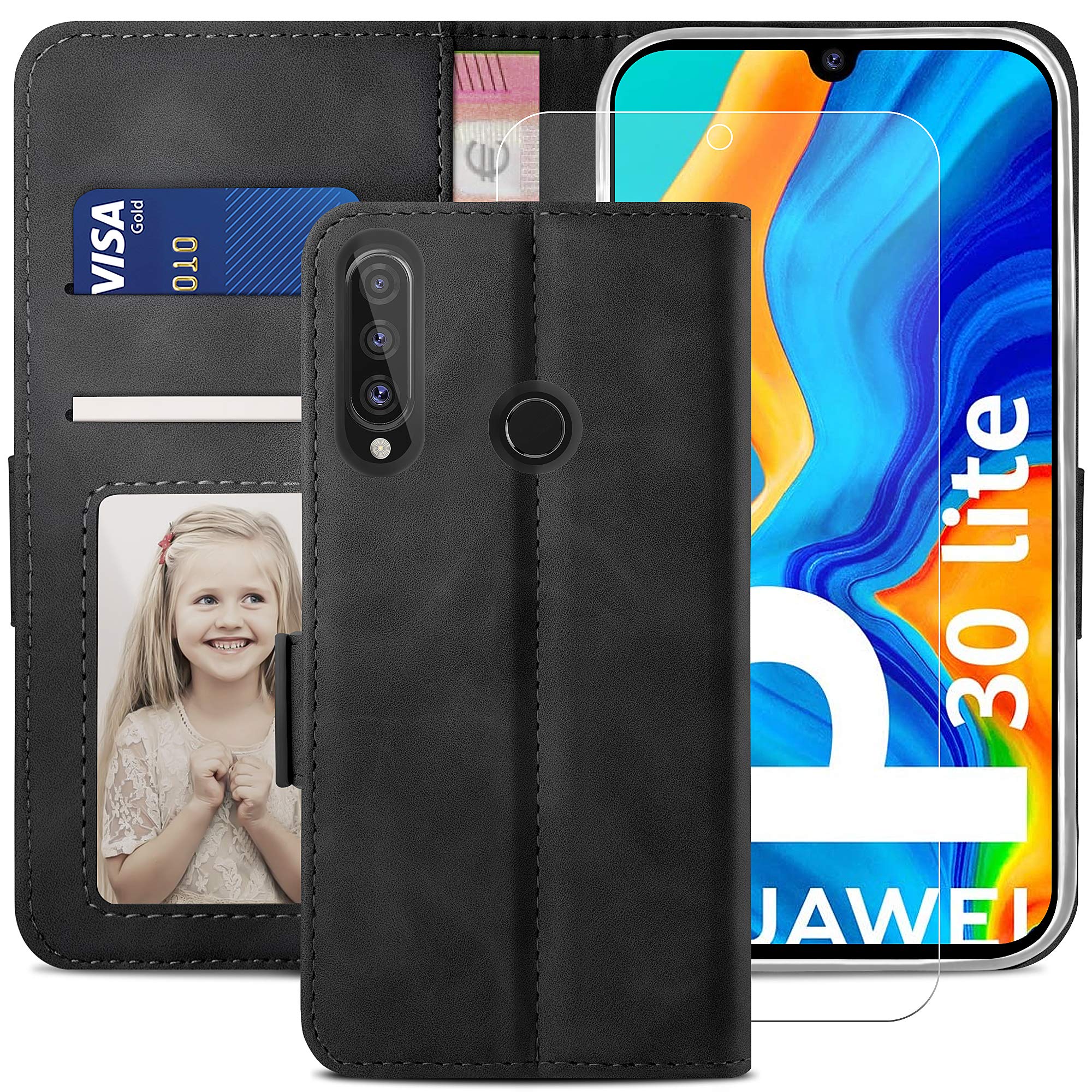 YATWIN Compatible with Huawei P30 Lite Case, Flip Wallet Leather Case with Tempered Glass Screen Protector and Card Slot Kickstand Phone Cases Cover for Huawei P30 Lite - Black