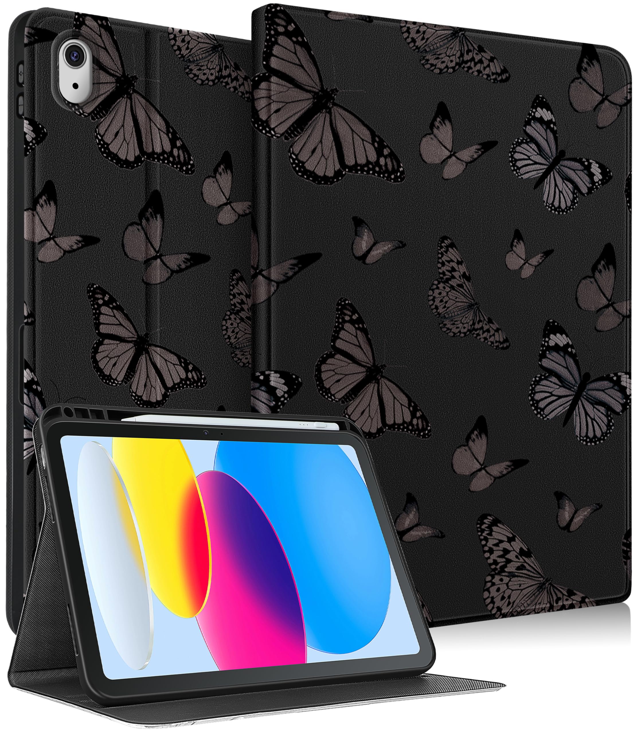 Pegmode for iPad 10th Generation Case 10.9 Inch Women Girls Butterfly Cute Folio Cover Black Girly Aesthetic Pretty Design With Pencil Holder Cover for Apple iPad 10th Gen Cases 2022 A2696 A2757