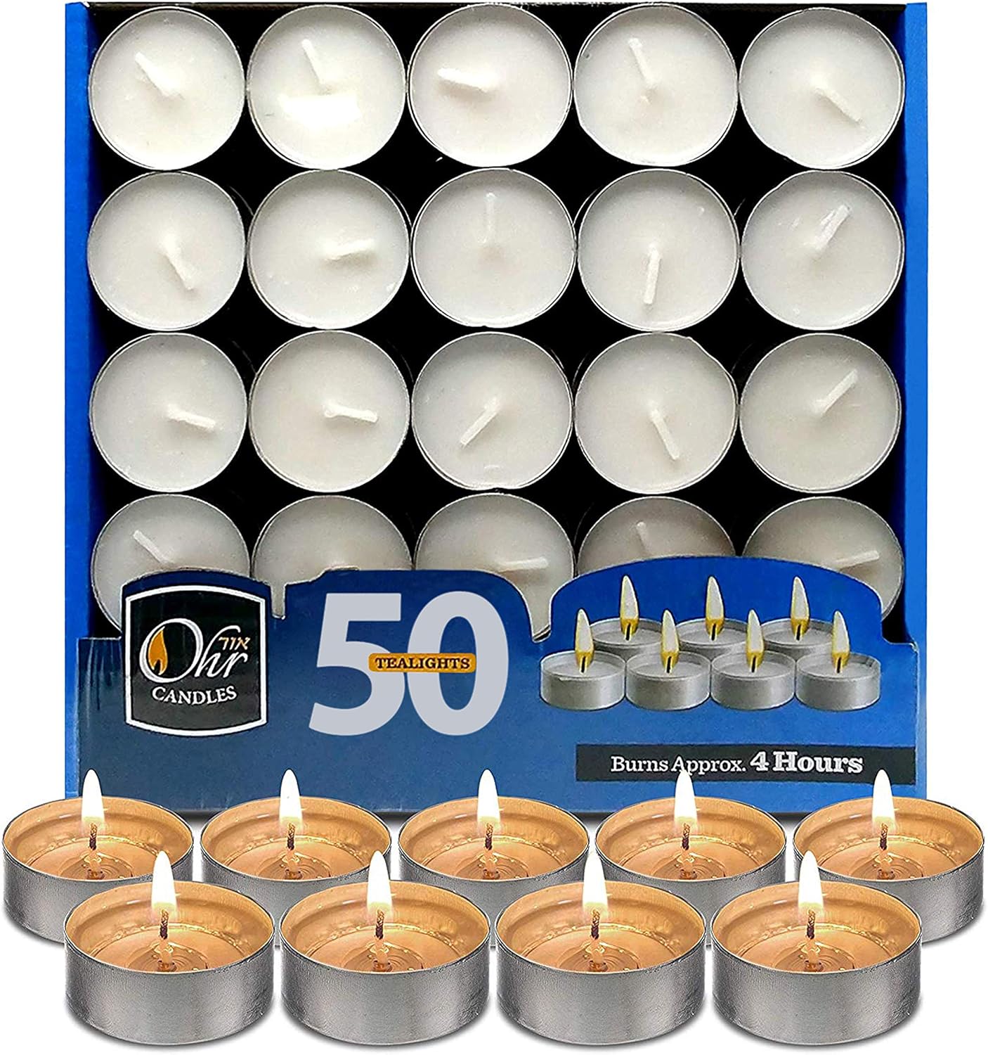 Ohr Tea Light Candles - 50 Bulk Pack - White Unscented Travel, Centerpiece, Decorative Candle - 4 Hour Burn Time.