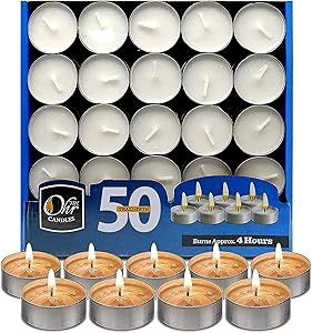 Ohr Tea Light Candles - 50 Bulk Pack - White Unscented Travel, Centerpiece, Decorative Candle - 4 Hour Burn Time.