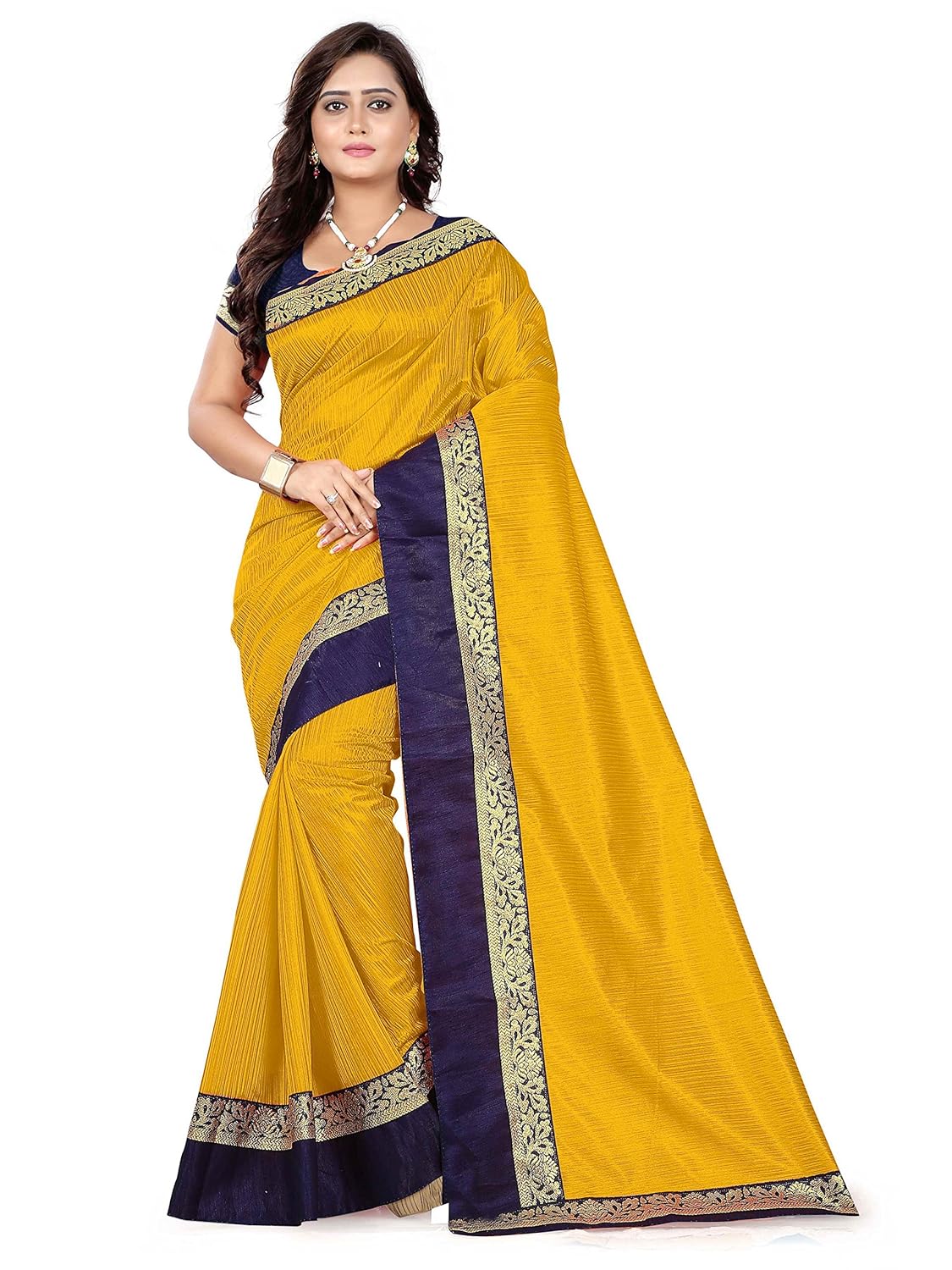yellow saree with navy blue blouse