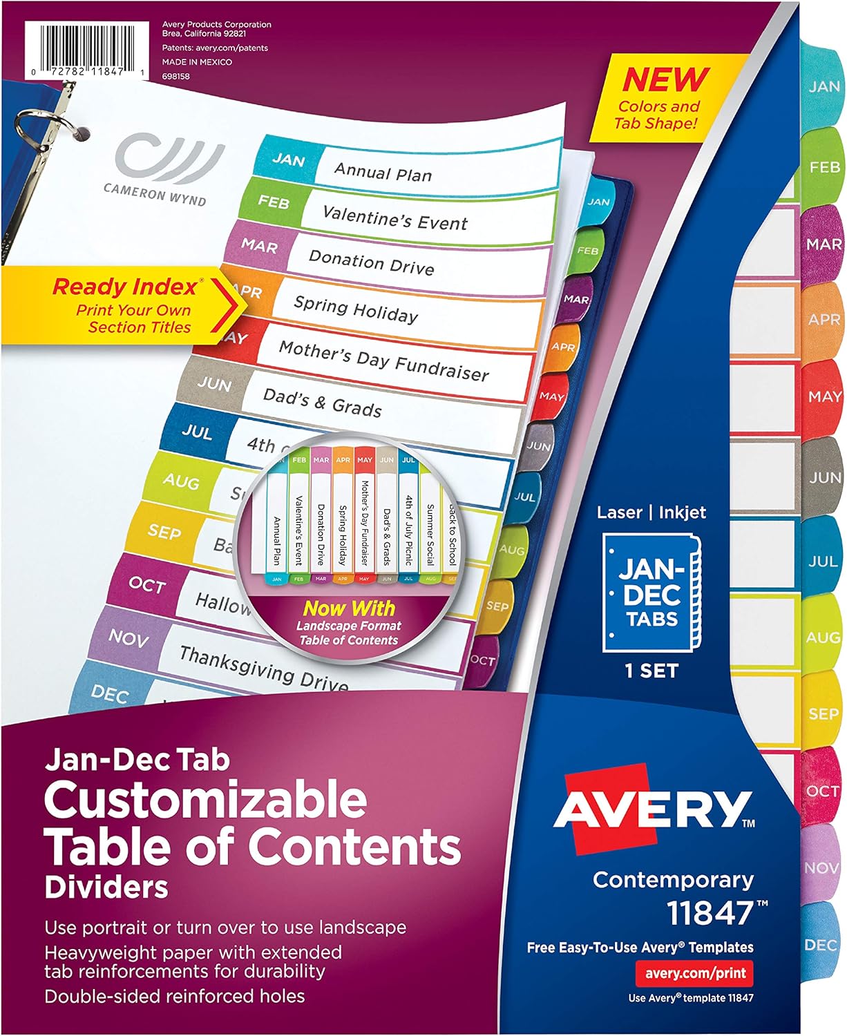 Avery 12-tab Dividers for 3 Ring Binders, Customizable Table of Contents, Multicolor Tabs, 1 Set (11847)