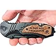 Spanish Latino Mexican Dad Gifts for Christmas, Birthday, Father's Day - El Papa Mas Trabajador - Engraved Pocket Knife for Daddy - Regalos para el dia del Padre de hija e hijo (Trabajador)