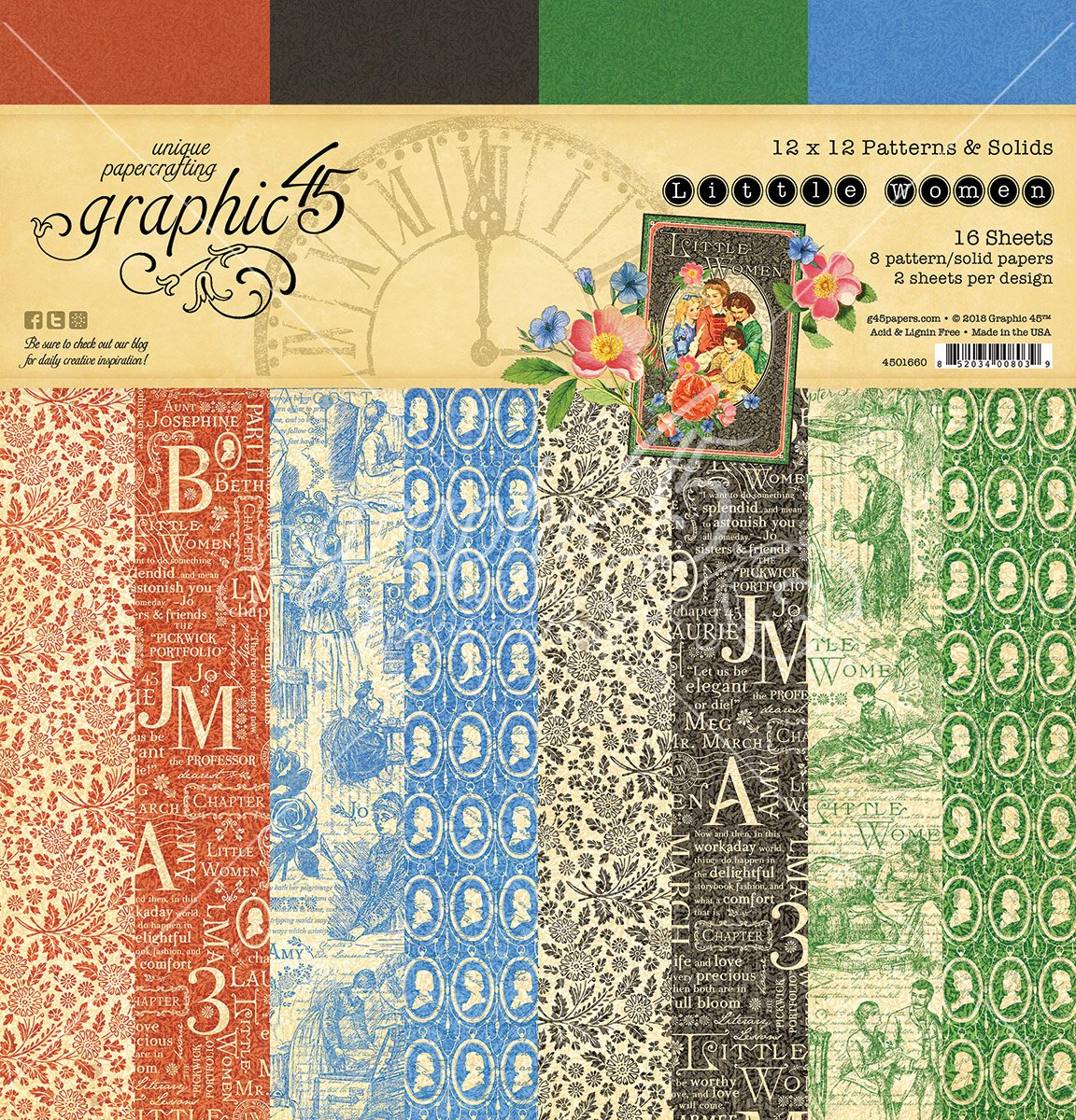 Graphic 45 12 x 12-Inch Little Women Patterns and Solids Paper Pad, Multi-Colour, 31.9 x 30.5 x 0.5 cm