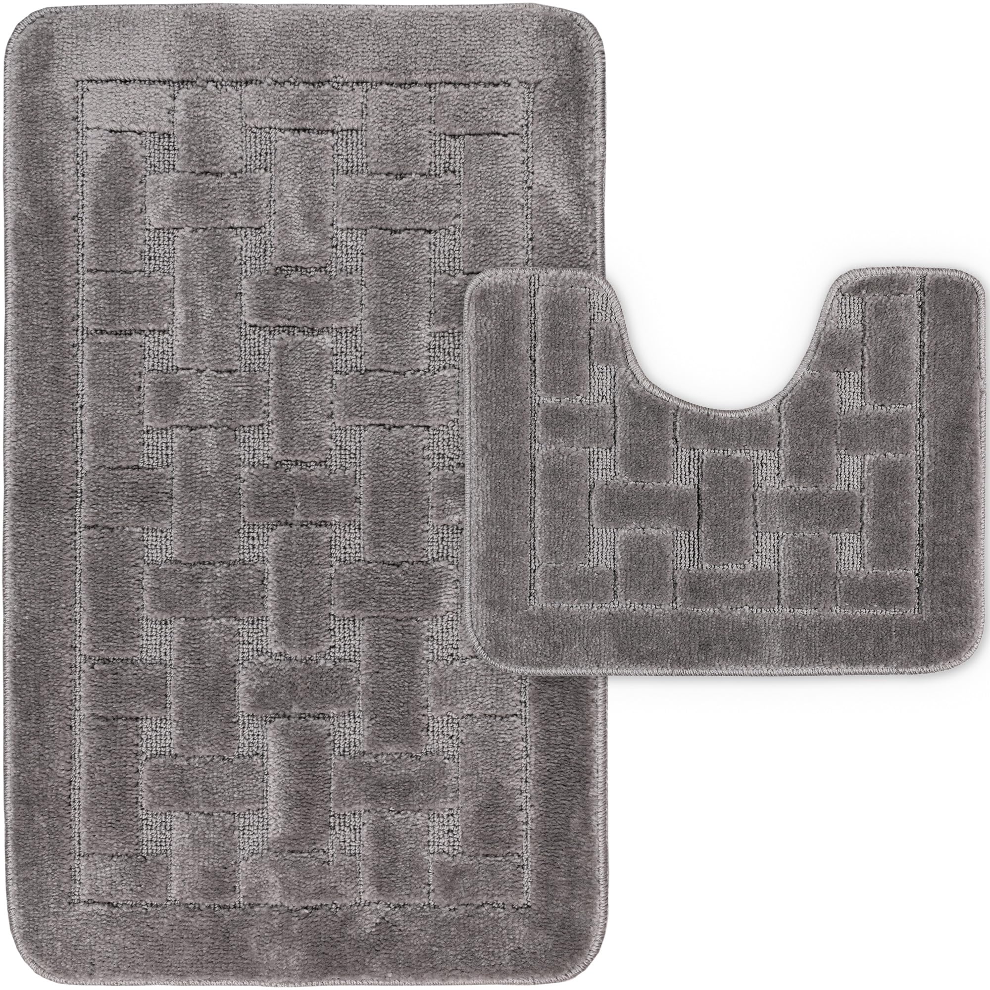 LS DECOR Luxury 2 Piece Block Bath Mat Set Non Slip Ultra Soft Bathroom Mats Water Absorbent Bath Mats Machine Washable Rug Toilet Mat for Bathroom Floor (CHARCOAL)
