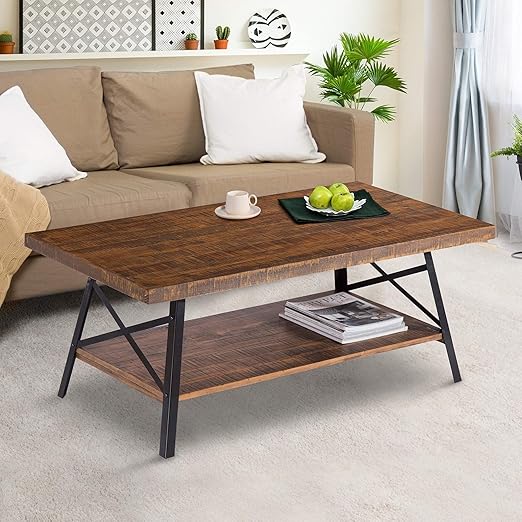 Amazon Com Dark Brown Solid Natural Pine Wood Rustic Coffee Table With Metal Legs Kitchen Dining