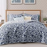 BLOOMHAVEN Quilt Set Queen Size, Oxford Blue Floral Quilt Sets, Reversible Bedspread Lightweight and Breathable for All Seasons, Soft Quilted Bedspread with 2 Pillow Shams
