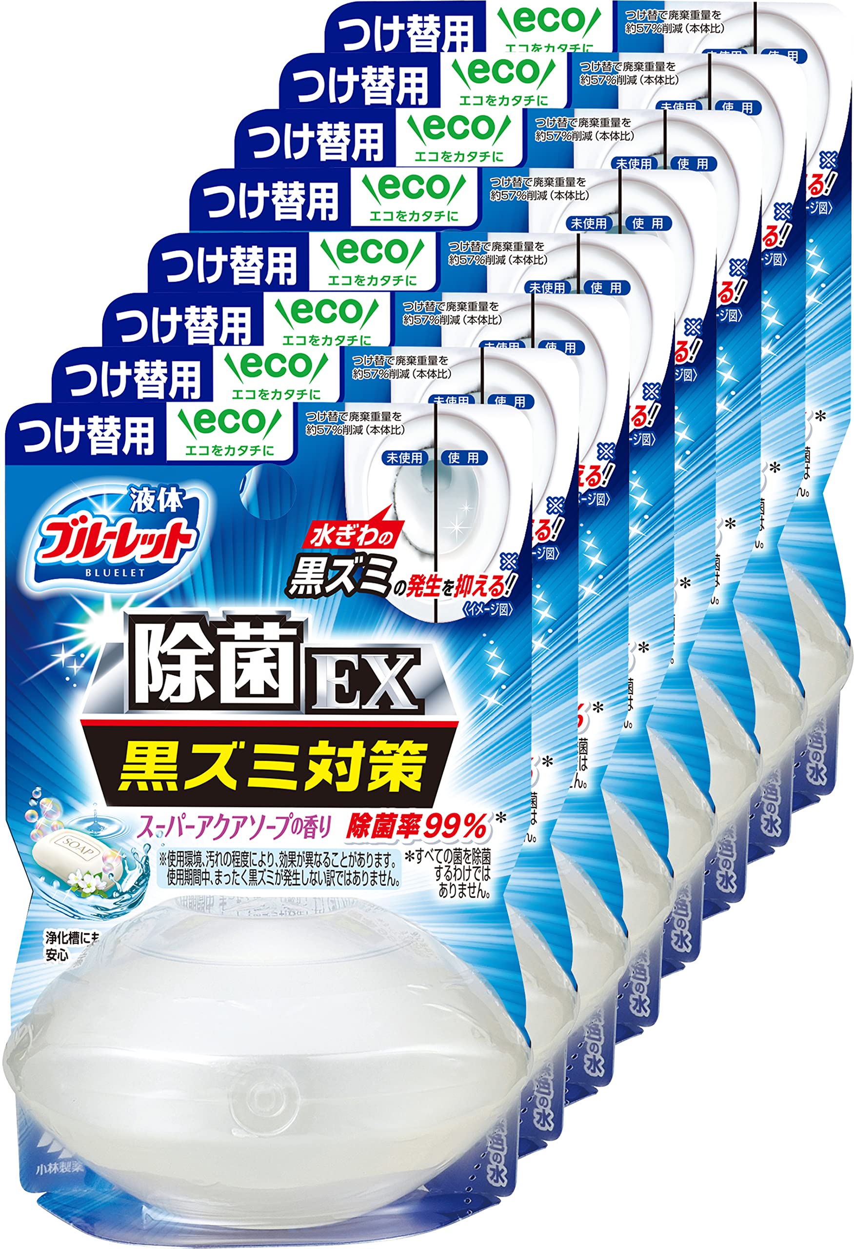 【まとめ買い】 液体ブルーレット除菌イーエックス(EX) 液体ブルーレットおくだけ 除菌 スーパーアクアソープの香り 詰め替え用 70ml×8個 トイレタンク芳香洗浄剤 小林製薬 の商品画像