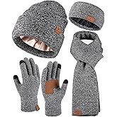 Womens Winter Warm Beanie Hats Gloves Scarf Headband Set Fleece Lined Ear Warmer Knit Scarf Touchscreen Gloves Winter Gifts