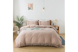 SOFTTA California King Duvet Cover 3 Pcs Boho Cal King Bedding Fringed Vintage and Shabby Tassel and Ruffle Bohemian Quilt Cover 100% Washed Cotton Taupe