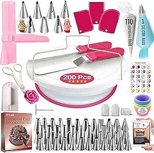 RFAQK 200 PCs Cake Decorating Supplies Kit for Beginners -1 Cake Turntable Stand with Piping bags &amp; Tips -2 Spatula -Cake Leveler &amp; Icing Smoother-55 Piping tips -Baking tools - 20 Cupcake liners