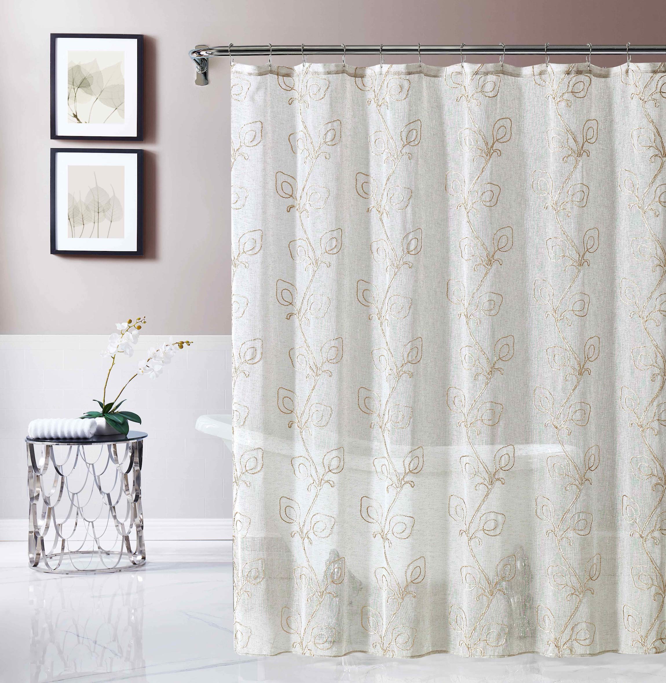 Dainty Home Rita Embroidered Fabric Shower Curtain, Linen/linen