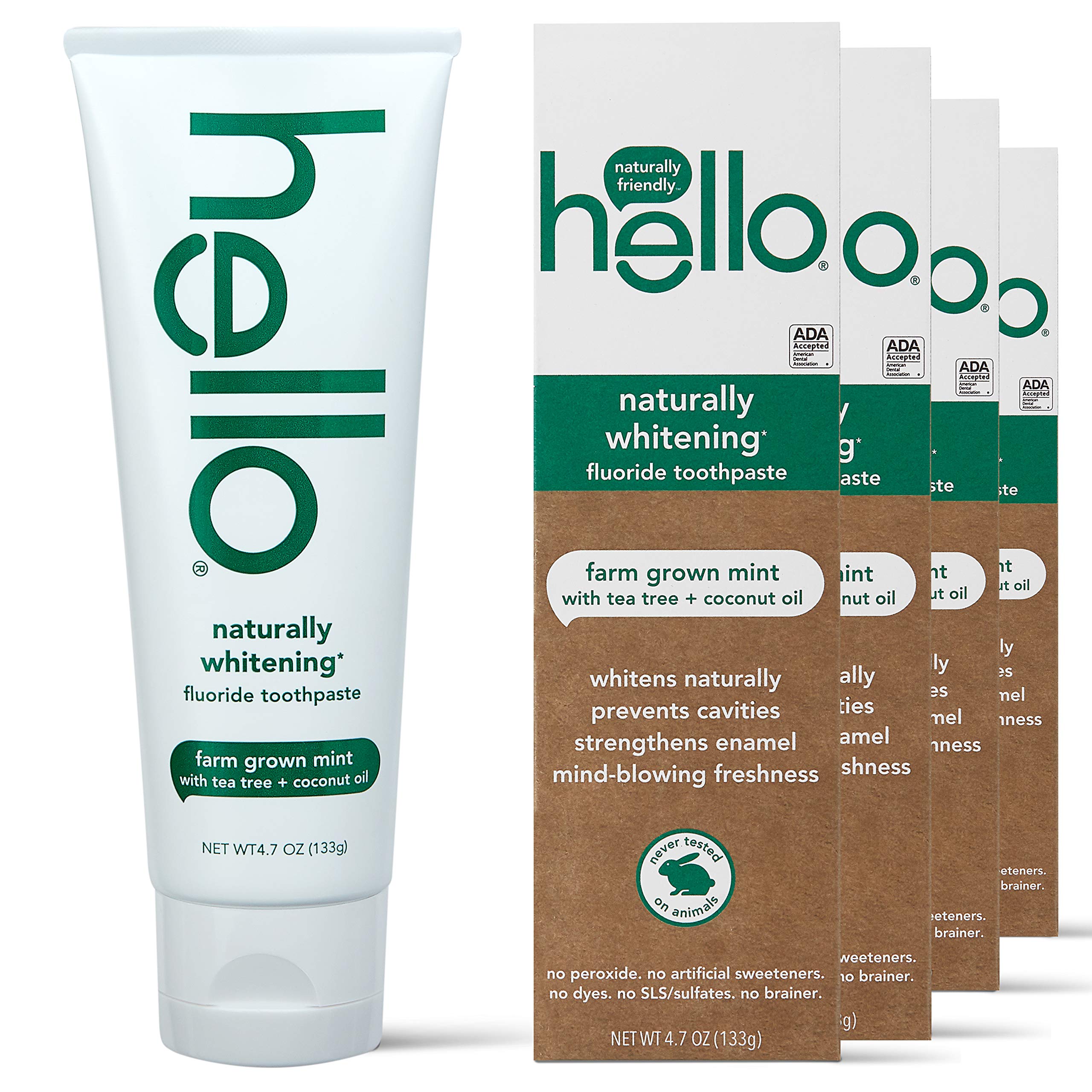 hello Naturally Whitening Toothpaste with Fluoride -Farm Grown with Tea Tree Oil &amp; Coconut Oil (Vegan &amp; SLS Free), Mint, 4 Pack, 18.8 Oz