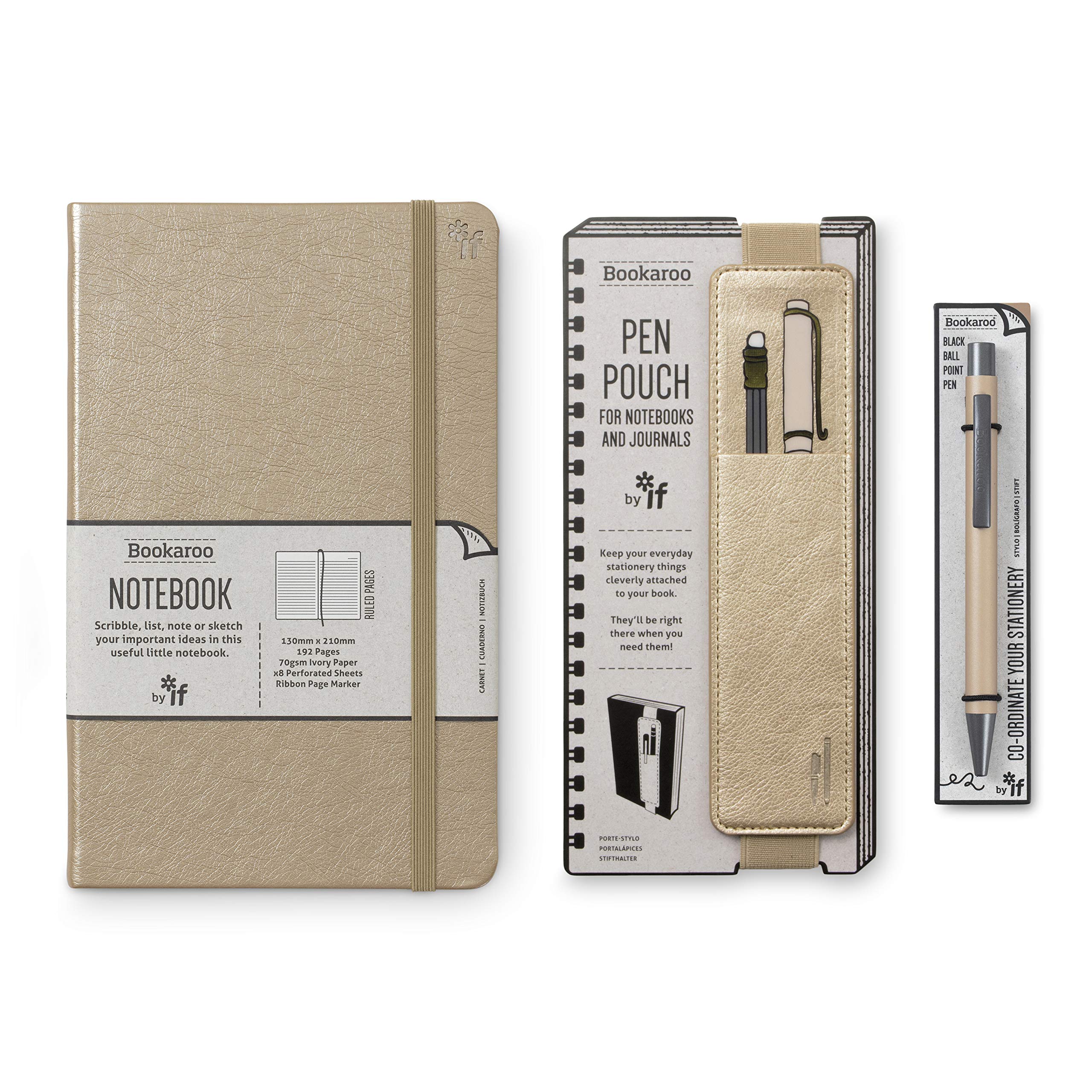 IF Bookaroo Notebook, Pen Pouch & Pen Set, Gold. Hard Cover Notebook with Contrasting Elastic and Ribbon, A5 21.5 x 13.5cm, 192 Pages. Matching Pouch and Ballpoint with Black Ink