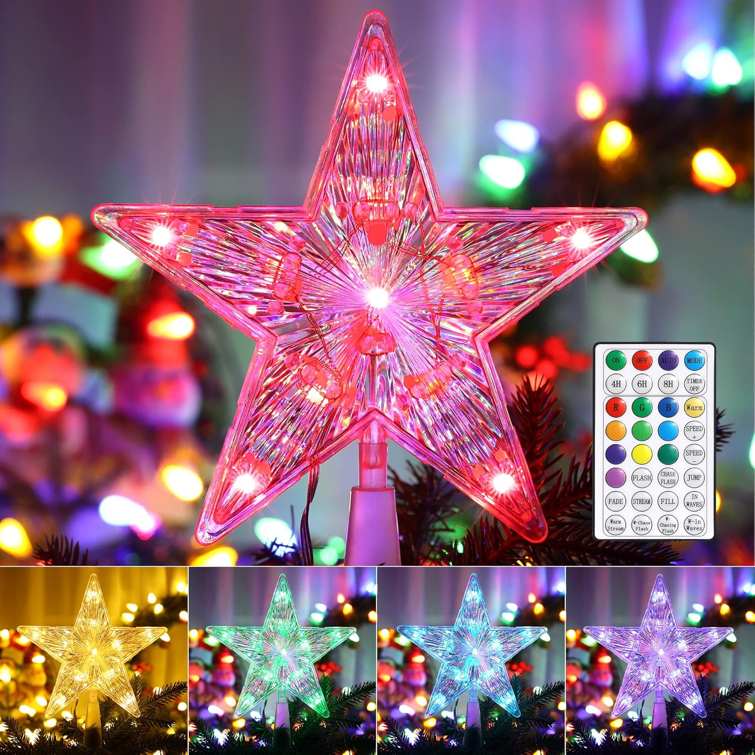 Tree Toppers - Brizled Star Tree Topper, 7.6” 11 LED Lighted Christmas Tree Topper, Color Changing Solid/Flash Treetop w/ Remote, Battery/USB Powered Xmas Tree Topper, Warm White Tree Top for Christmas Tree Holiday