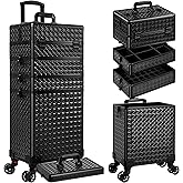 AROUS 5 in 1 Rolling Makeup Train Case Cosmetology Case on Wheels Large Cosmetic Organizer Travel Cart for Hairstylist Artist Nail Beauty Salon Barber,Black