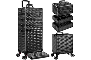 AROUS 5 in 1 Rolling Makeup Train Case Cosmetology Case on Wheels Large Cosmetic Organizer Travel Cart for Hairstylist Artist Nail Beauty Salon Barber,Black