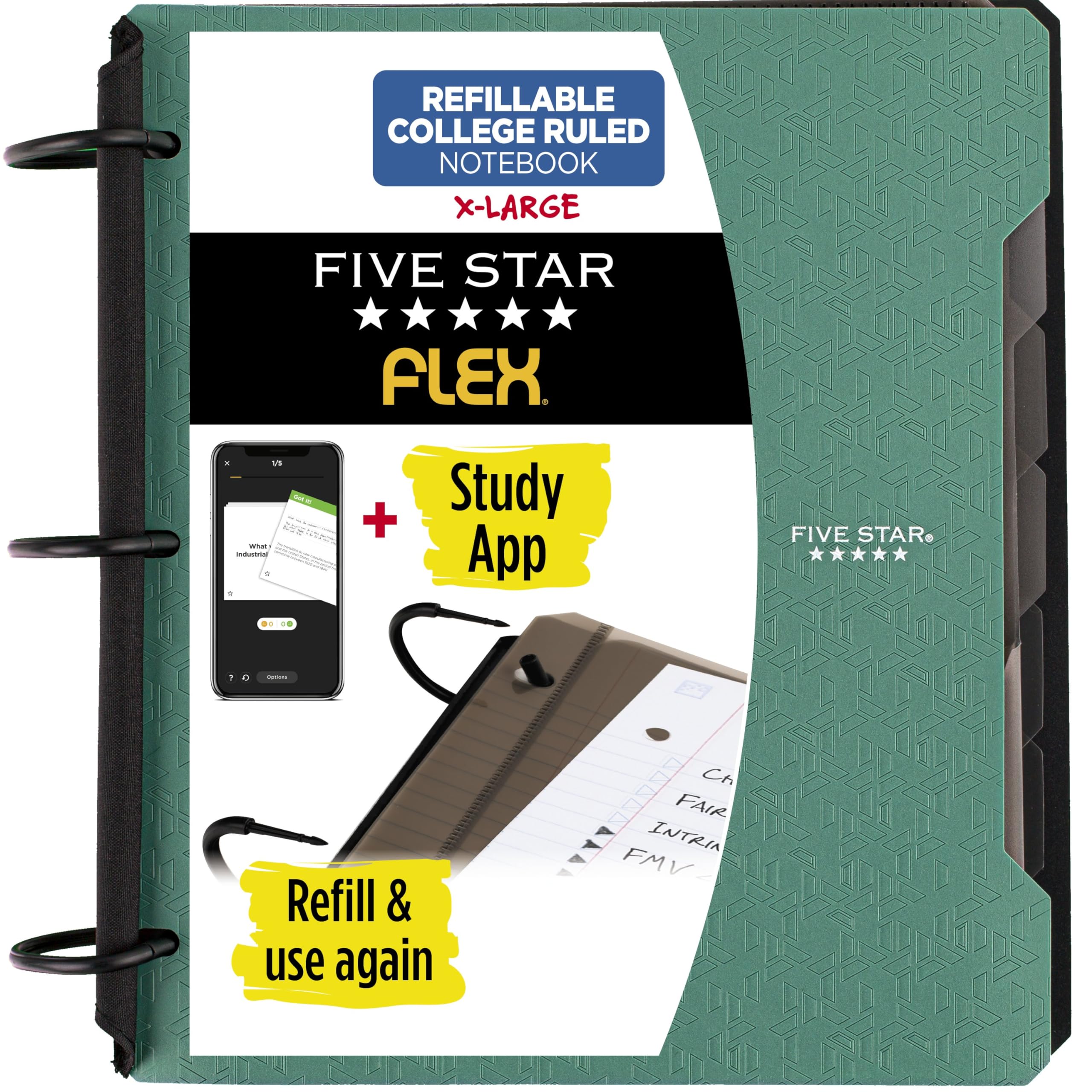 Five Star Flex Refillable Notebook + Study App, College Ruled Paper and 1-1/2 Inch TechLock Ring Binder with Pockets, Tabs and Dividers, 300 Sheet Capacity, Seaglass Green (29324AQ8) (Pack of 6) Image