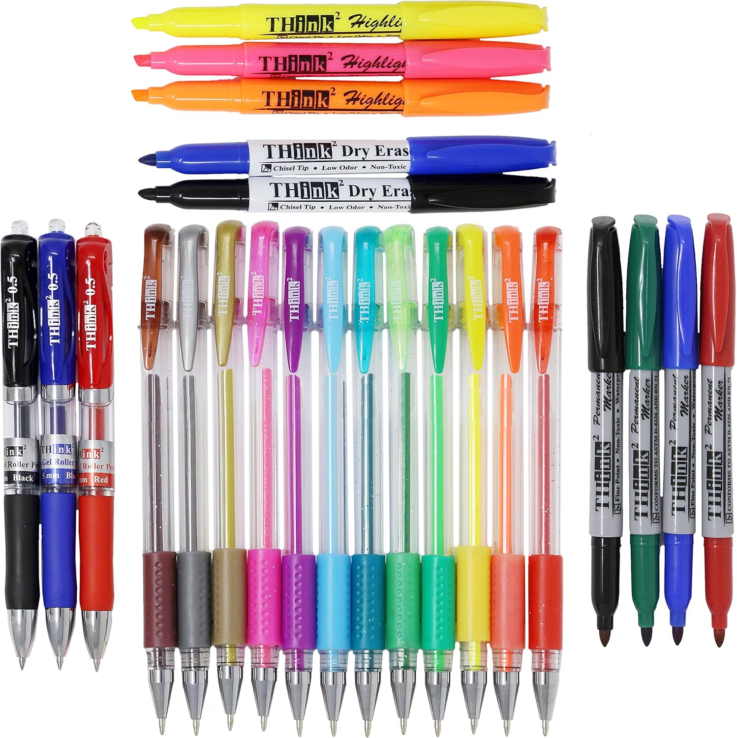 [24 Pack] Think2 School Supplies Markers & Gel Pens School Supplies Kit. Includes 3 Highlighter, 4 Permanent Markers, 2 Dry Erase Markers, 12 Color Gel Pens and 3 Retractable Gel Pens. Study Supplies
