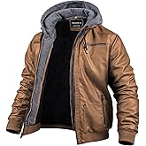 CREATMO US Men's Faux Leather Jacket Motorcycle Jacket Waterproof Windproof PU Moto Vintage Bomber Hoodie with Removable Hood