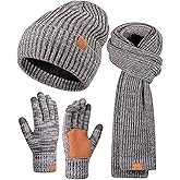 Winter Hat Gloves Scarf Set for Men Women, Mens Beanie Long Scarf Touchscreen Gloves for Cold Weather, 3 in 1 Warm Gift Set