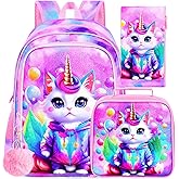 UFNDC 3PCS Girls Cat Backpack, 16" Unicorn Bookbag with Lunch Box for Kids, Water Resistant School Bag for Elementary Preschool Toddler