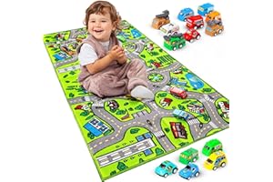 AMY & DELLE Kids Rug Carpet Playmat, w/14 Pull Back Cars Included - City Life Learn, Have Fun Safe, Children's Educational, Road Traffic System, Multi Color Play Mat for Bedroom Playroom 32 x 60