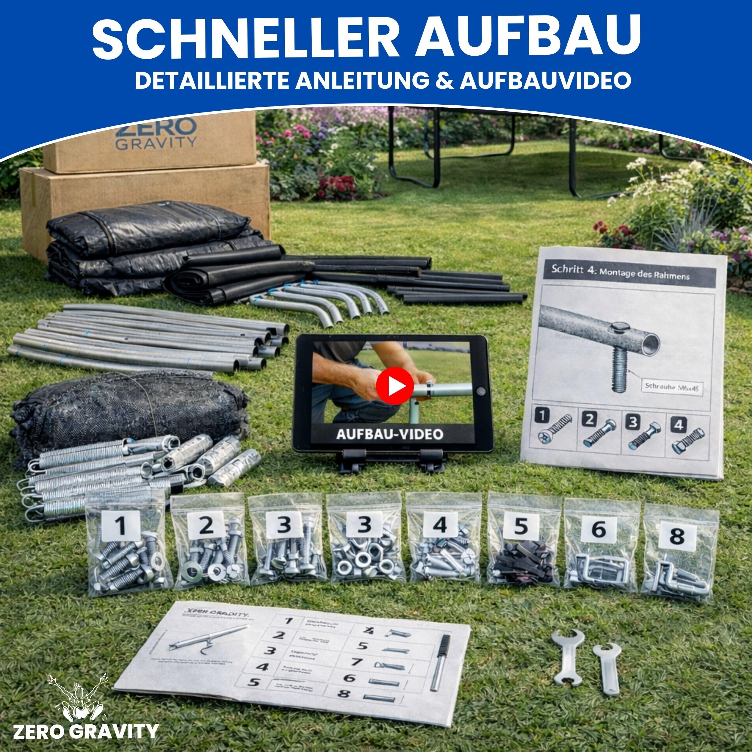 Zero Gravity Trampolin Outdoor Ø 183/244/305/366/427 cm, TÜV GS, Smartes Klappnetz für schnellen Auf- und Abbau, Outdoor Trampolin Komplett-Set inkl. Leiter, Aufbauvideo, Ultima 4 7