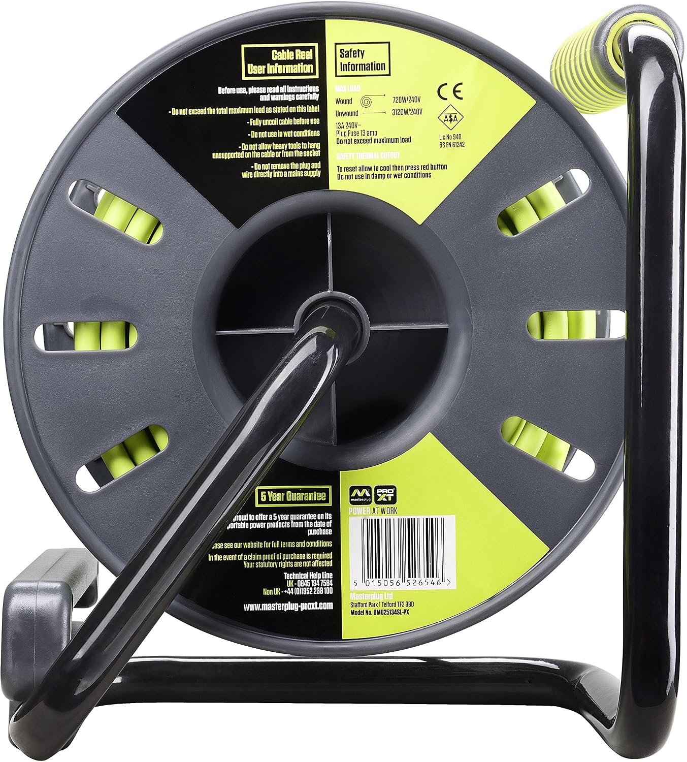 Masterplug Pro-XT Four Socket Open Cable Reel Extension Lead with Winding Handle, Thermal Cut Out and Power Switch - Image 4