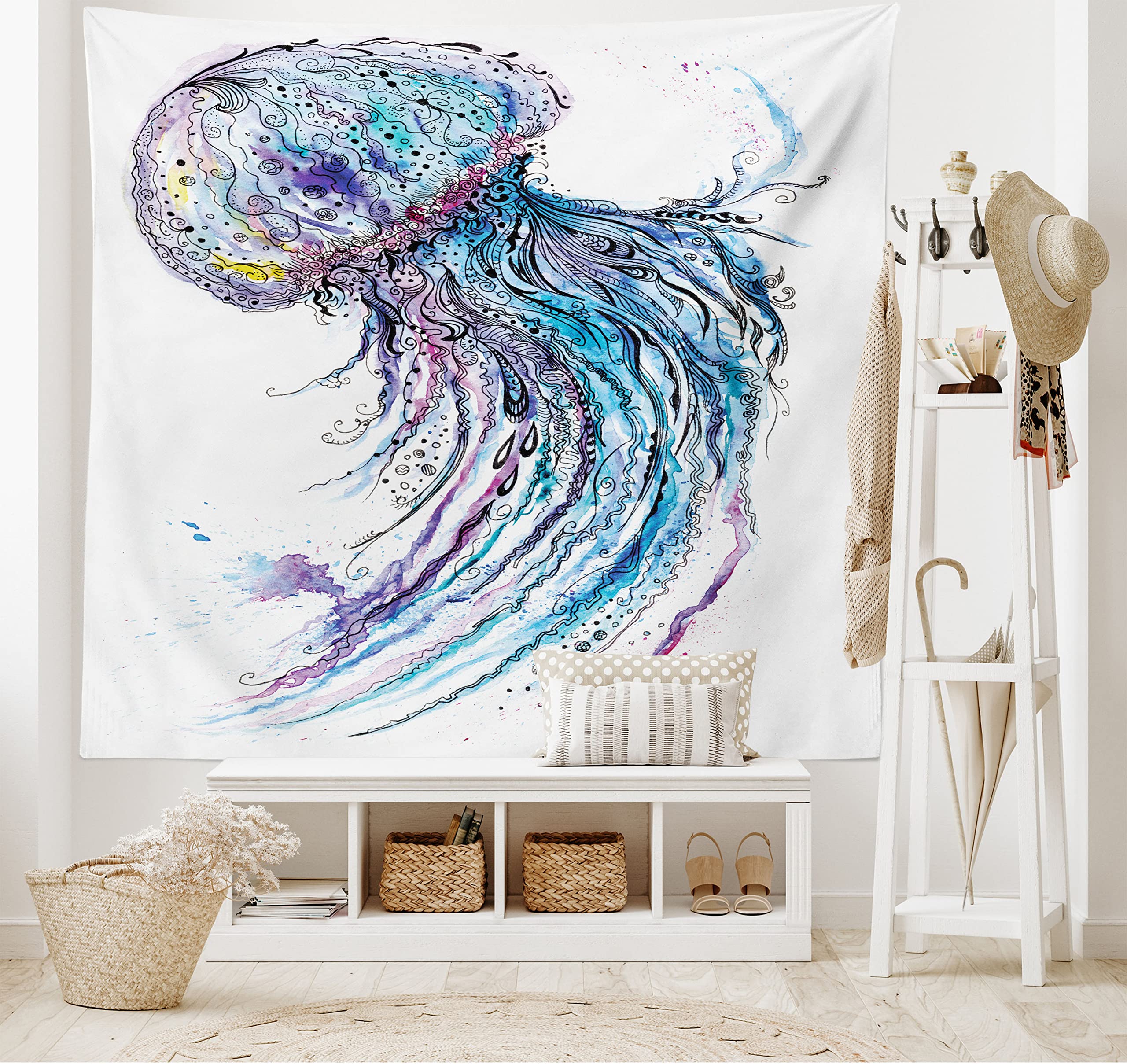 ABAKUHAUS Jellyfish Tapestry, Aqua Colors Art Ocean Animal Print Sketch Style Creative Sea Marine Theme, Fabric Wall Hanging Decor for Bedroom Living Room Dorm, 90 W X 54 L, Blue Purple White