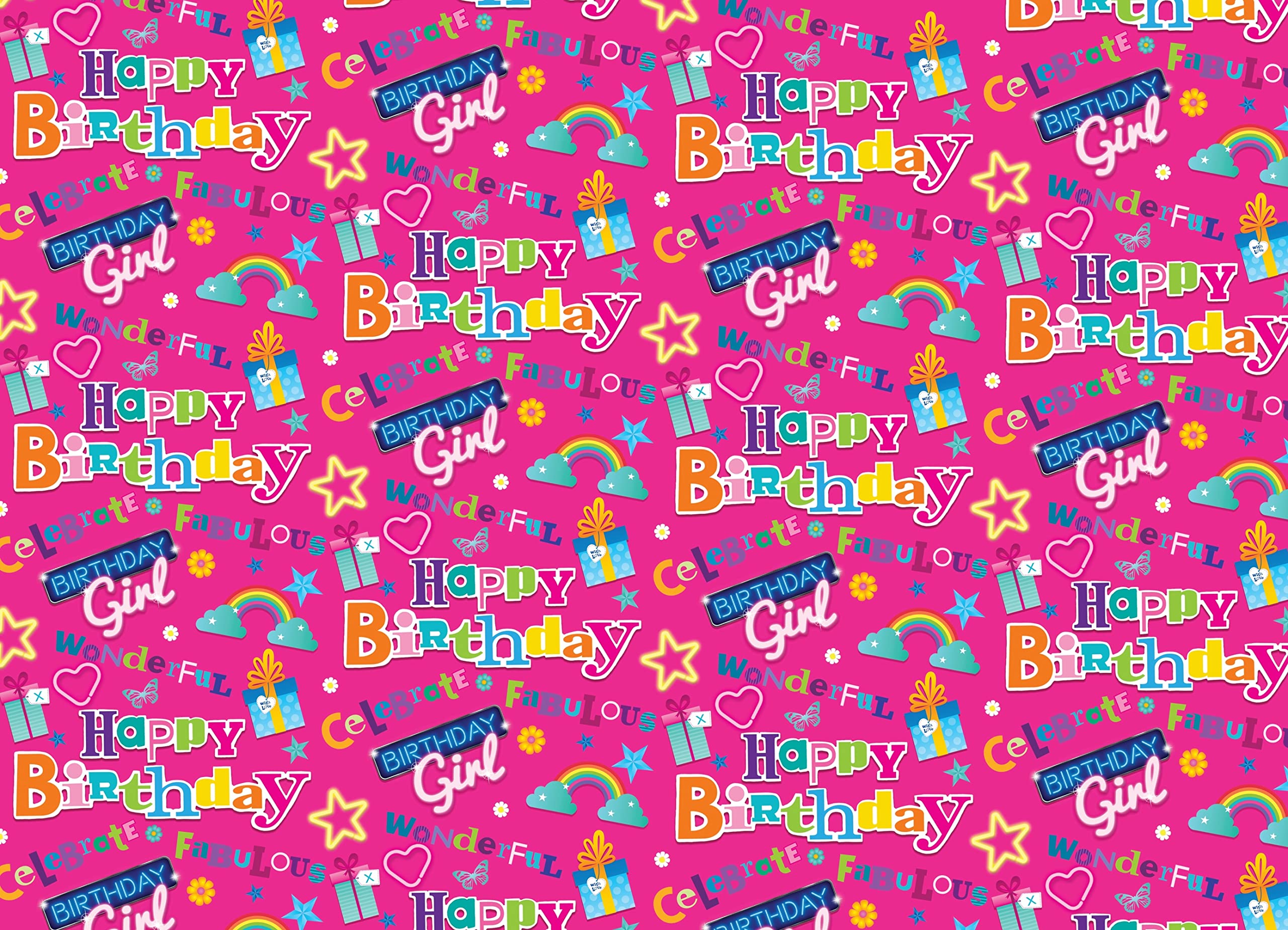 Cute Funky Hot Pink Birthday Girl Rainbow Wrapping Paper - 1 Sheet with Matching Gift Tag