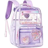 KIDNUO Clear Backpack for Girls,Clear Bookbag Heavy Duty Transparent Backpacks for Stadium Events, See Through Back Pack for Kindergarten Elementary Middle High School (Purple)