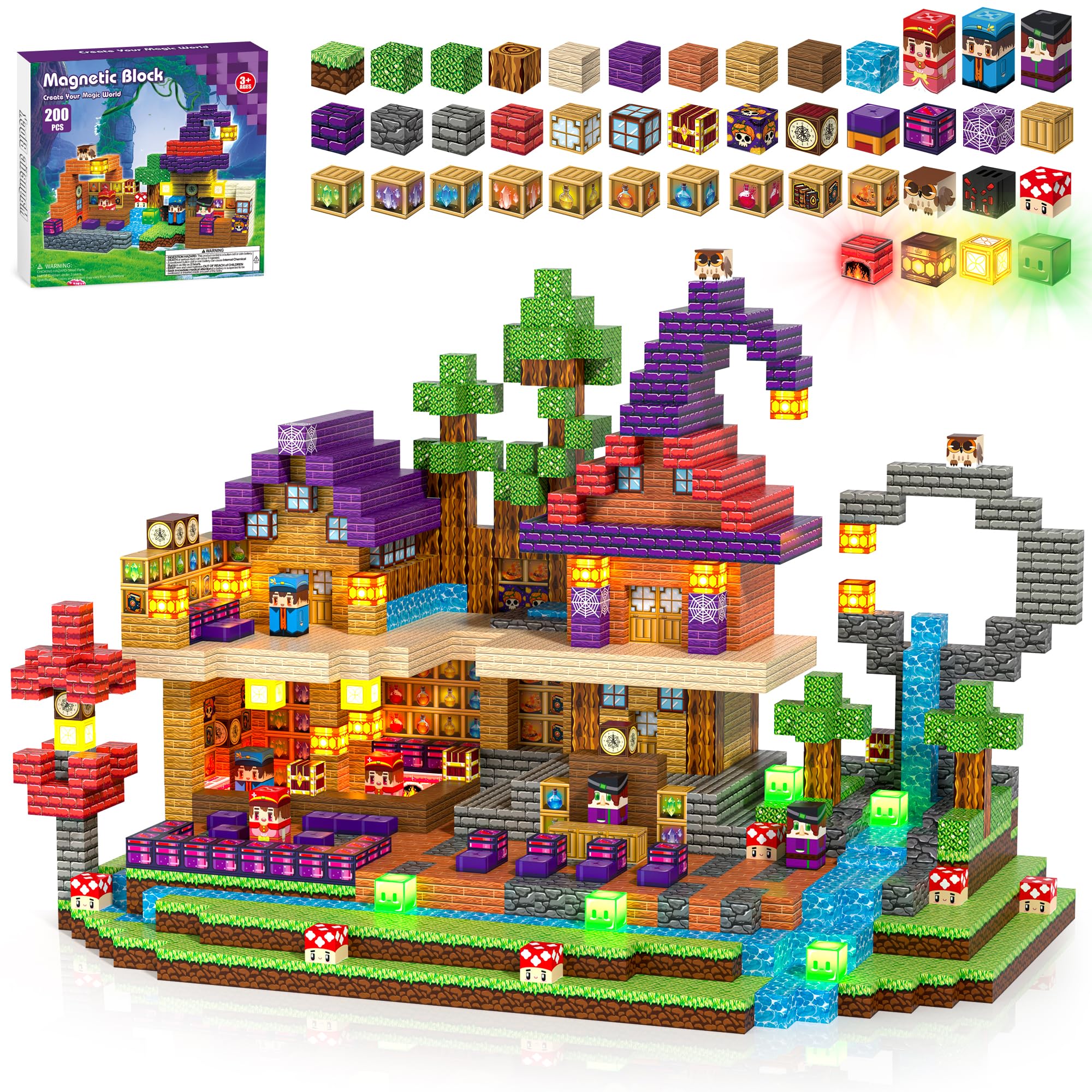 Kryzomat Magnetic Blocks 200 PCS, Light Up Magnetic Building Blocks for 3+, Magnet Cubes for Kids Boys Girls, Magic House Gift for Birthday Christmas