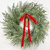24" Large Christmas Wreaths for Front Door Thick Outdoor Christmas Wreath with Norfolk Pine Cypress Branches Gold Cow Bell Red Bow Soft Artificial Xmas Wreath for Home Door Window Wall Porch Indoor